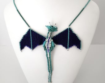 Handmade Seed Bead Dragon Pendant Necklace with Magnetic Clasp -Unique 3D Turquoise and Purple Glass Beaded Dragon Pendant -Unisex Gift Idea