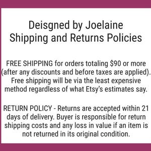 May include: Text on a pink background outlining free shipping for orders over $90 and a return policy for items within 21 days of delivery. The text states that the buyer is responsible for return shipping costs and any loss in value if an item is not returned in its original condition.