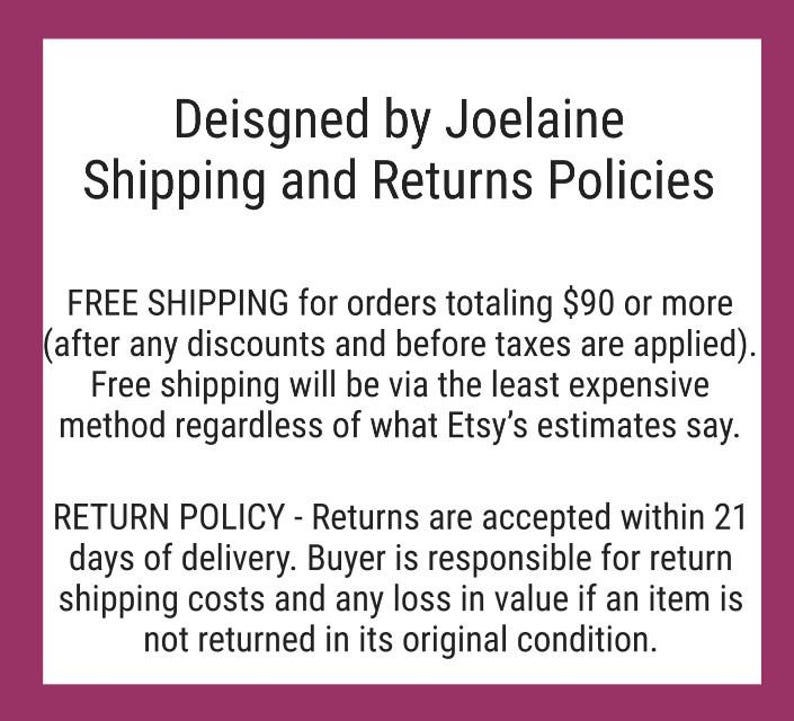 May include: Text on a pink background outlining free shipping for orders over $90 and a return policy for items within 21 days of delivery. The text states that the buyer is responsible for return shipping costs and any loss in value if an item is not returned in its original condition.
