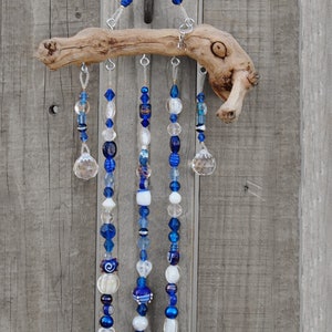 Blue Glass Bead Driftwood Sun Catcher Windchime -Bohemian Indoor Window Decor -Hanging Garden Art Gift Under 75- Personalized Made in USA