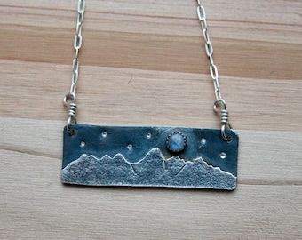 Eclipse Full Moon and Stars Over the Tetons Sterling & Moonstone Necklace