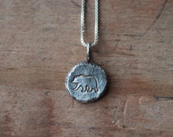 Recycled Sterling Silver Hammered Nugget Grizzly Bear Stamp Pendant Charm Necklace