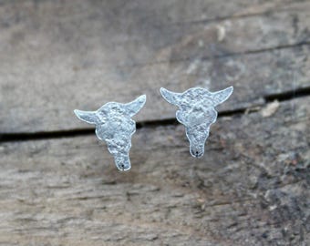Handcut Sterling Silver Steer Skull Post Stud Earrings