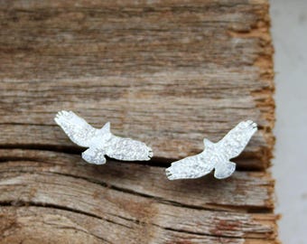 Handcut Sterling Silver Soaring Hawk Eagle Post Stud Earrings