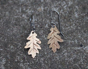 Brass & Oxidized Sterling Silver Oak Leaf Dangily Earrings