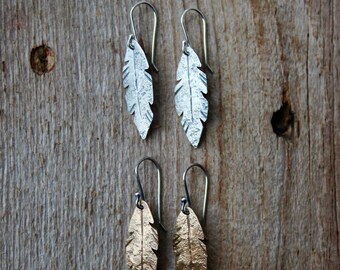 Textured Geometric Feather Dangily Earrings Sterling Silver Brass