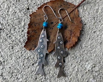 AZ Sleeping Beauty Turquoise and Spotted Oxidized Sterling Silver Trout Dangily Earrings