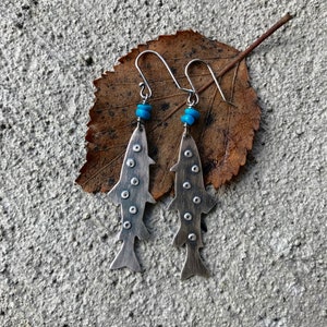 AZ Sleeping Beauty Turquoise and Spotted Oxidized Sterling Silver Trout Dangily Earrings