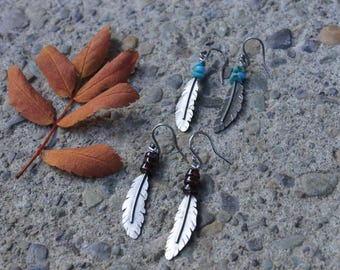 Garnet or Arizona Kingman Turquoise & Oxidized Sterling Silver Handcut Feather Dangily Earrings