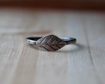 Hammered Thin Sterling Silver Stacker Leaf Feather Ring