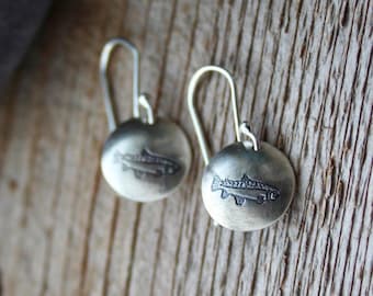 Sterling Silver Trout Stamp Domed Disc Dangily Earrings