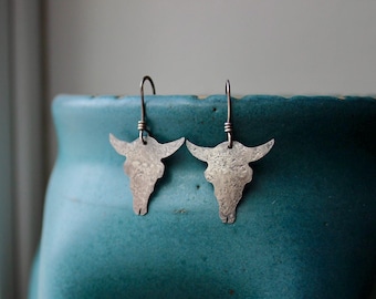 Sterling Silver Steer Skull Dangle Earring