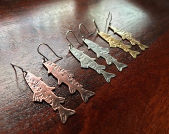 SINGLE EARRING Realistic Textured Trout Salmon Dangily Earrings in Sterling Copper or Brass