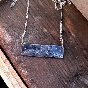 Full Moon & Stars over The Bridger Mountains Necklace in Oxidized Sterling Silver and Moonstone