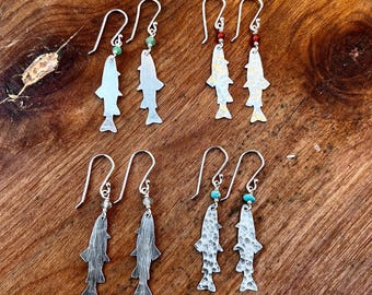 Sterling Silver Turquoise Carnelian Chrysoprase Labradorite Hammered Trout Fish Dangily Earrings Medium Size