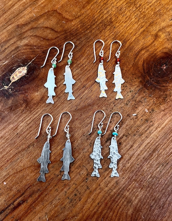 Sterling Silver Turquoise Carnelian Chrysoprase Labradorite Hammered Trout Fish Dangily Earrings Medium Size