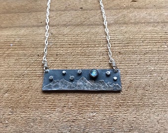 Full Moon & Stars over The Bridger Mountains Necklace in Oxidized Sterling Silver and Moonstone