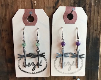 Chrysoprase Amethyst Sterling Silver Dragonfly Dangly Earrings