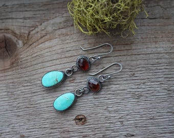 Kingman Turquoise, Rose Cut Hessonite Garnet & Sterling Silver Dangle Earrings