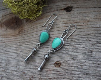 Kingman Turquoise & Sterling Silver Squash Blossom Dangle Earrings
