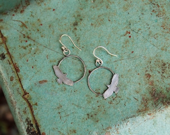 Oxidized Sterling Silver Ellipse Soaring Hawk Dangily Earrings
