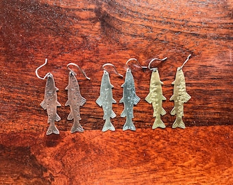 Realistic Textured Trout Salmon Dangily Earrings in Sterling Copper or Brass