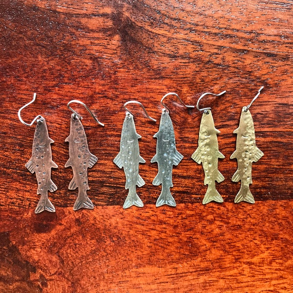 Realistic Textured Trout Salmon Dangily Earrings in Sterling Copper or Brass