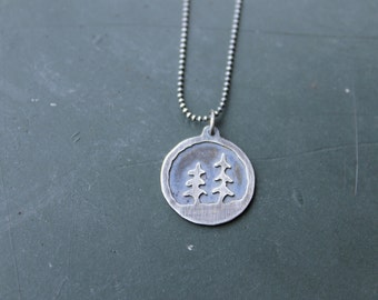 Two Layer Sterling Silver Cutout Tree Forest Pendant Necklace