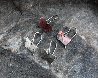 Small Debossed Mountain Montana Dangle Earrings Oxidized Sterling Silver Copper