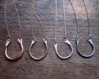 Rustic Hammered Lucky Horseshoe Necklace Choose Rose Yellow Gold Copper Oxidized Sterling Silver