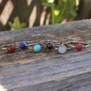 Simple Round Serrated Bezel-Set Gemstone & Sterling Stacker Ring Moonstone Turquoise Amethyst Coral Carnelian Garnet