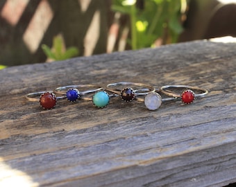 Simple Round Serrated Bezel-Set Gemstone & Sterling Stacker Ring Moonstone Turquoise Amethyst Coral Carnelian Garnet