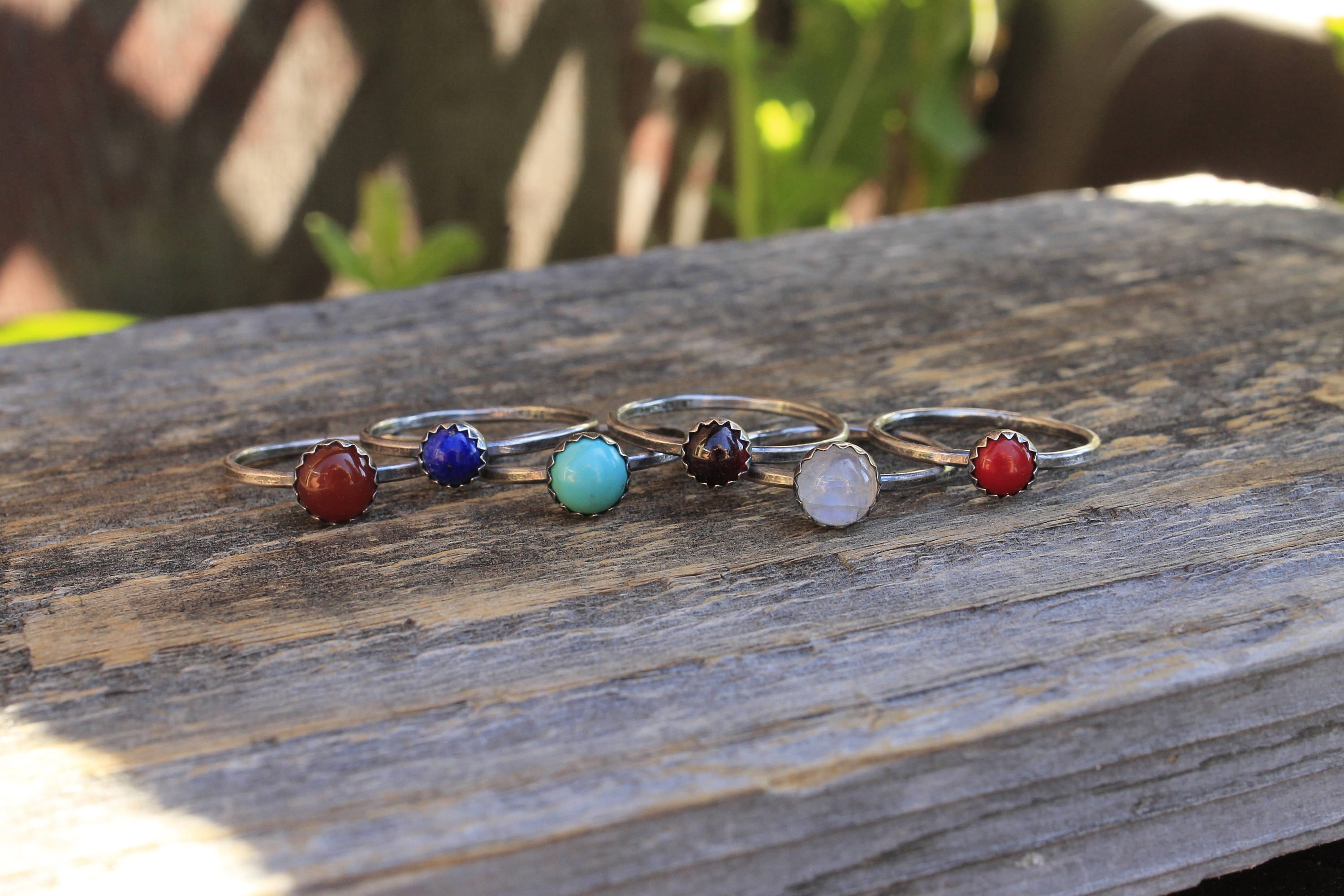 Simple Round Serrated Bezel-set Gemstone & Sterling Stacker Ring
