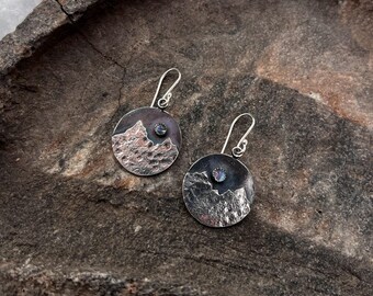 3mm Moonstone Full Moon & Hammered Sterling Silver Mountain Circle Dangle Earrings