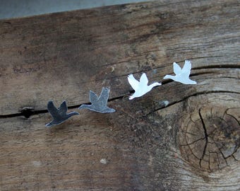 Handcut Sterling Silver Flying Duck Waterfowl Post Stud Earrings