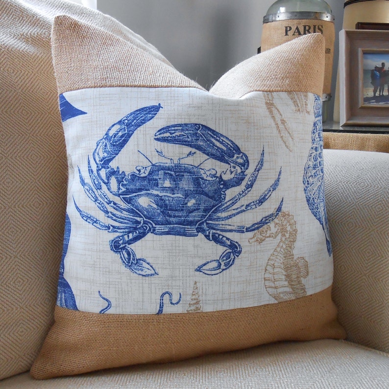 Blue crab burlap coastal pillow cover 18x18 Etsy