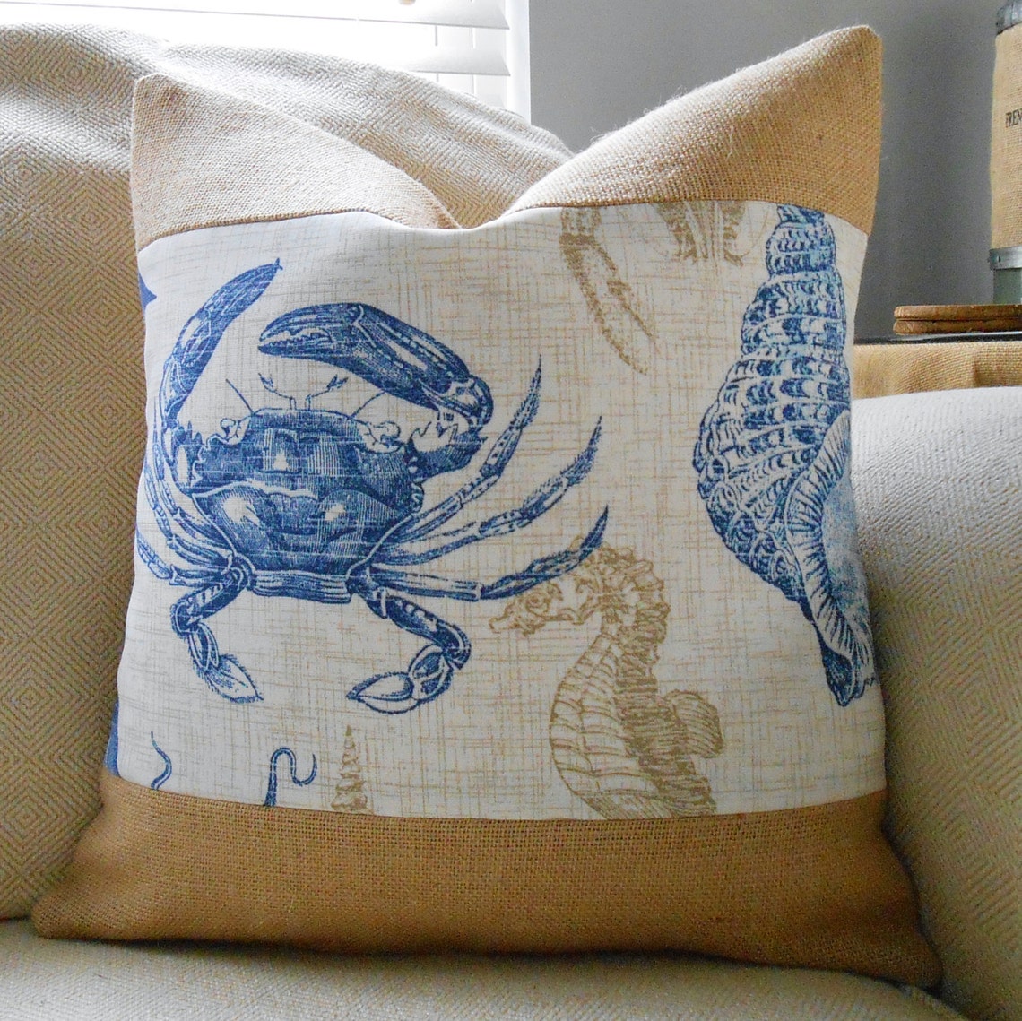 Blue crab burlap coastal pillow cover 18x18 Etsy