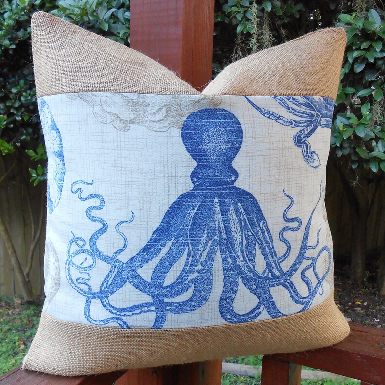 Octopus burlap coastal pillow cover 18x18 Etsy