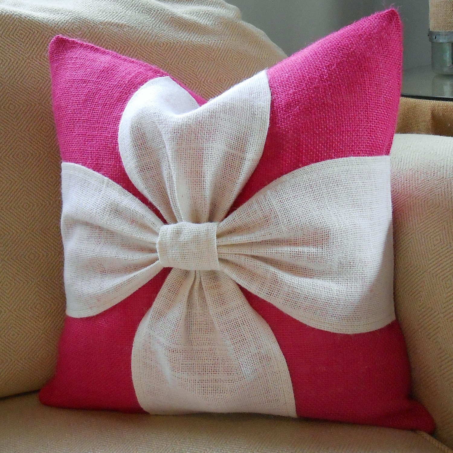 Burlap bow pillow cover in fuchsia and off white burlap 18x18 Etsy