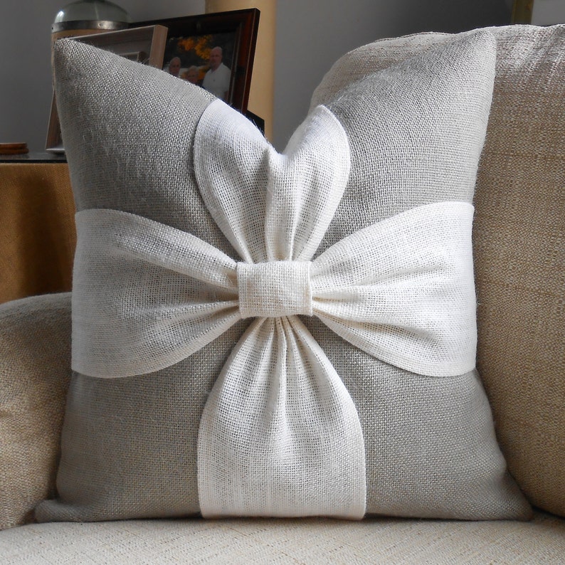 Burlap bow pillow cover in grey and off white burlap 18x18 Etsy