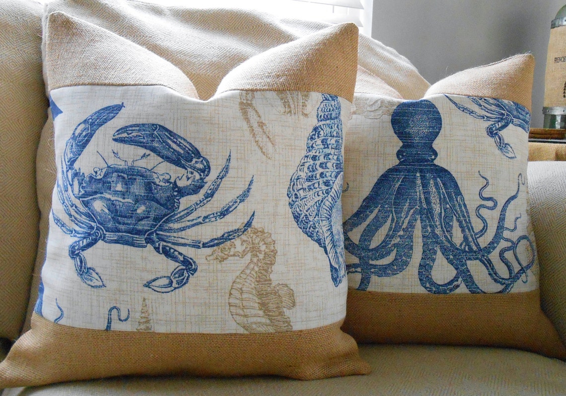 Blue crab burlap coastal pillow cover 18x18 Etsy