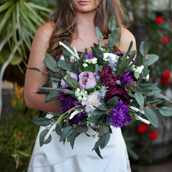 Faux Eggplant Purple Wine BoHo Bouquet Package, Custom Wedding Bouquets, Artificial Wedding Flowers, Bout, Wrist Corsage, Toss Bouquets
