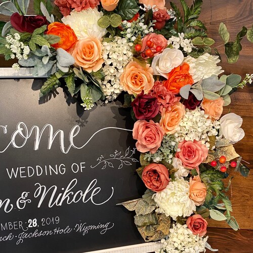 Wedding Sign Flowers Bridal Shower Decor Peach Burgundy Etsy