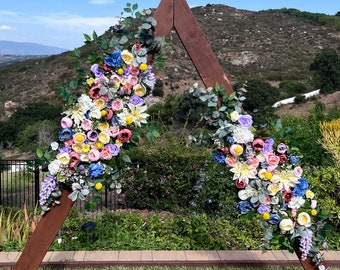 Rainbow Pastel Yellow Peach Blush Dusty Blue Wedding Ceremony Arbor Flower Arrangement, Circle Hexagon Triangle Arch Flowers, Chuppah Swags