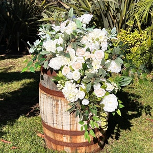 White Ivory Wedding Venue Floral Archway, Lux White Wedding Ceremony Floral Design, Barrel Topper Floral, Elegant Arbor Floral image 6