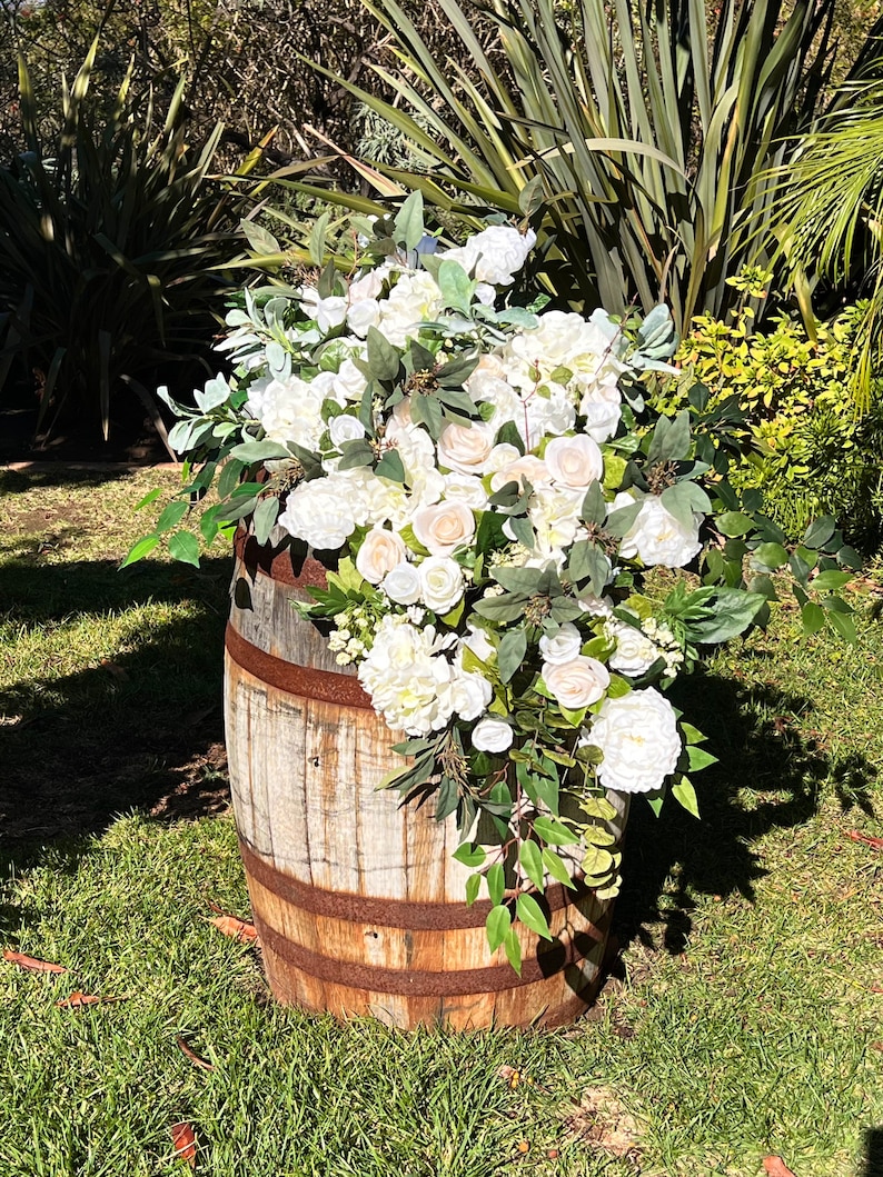 White Ivory Wedding Venue Floral Archway, Lux White Wedding Ceremony Floral Design, Barrel Topper Floral, Elegant Arbor Floral image 6