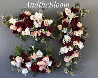 Set of Three Wedding Ceremony Floral Arrangement, Burgundy Blush Pink White Peony Rose Wedding Arbor Flowers, Archway Flower, Burgundy Swags