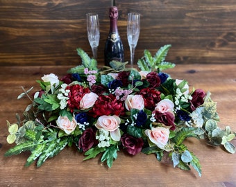 Burgundy Blush Navy Sweetheart Table Flowers, Burgundy Peony Bridal Table Runner, Sweetheart Table Flowers, Navy Burgundy Wedding Flowers