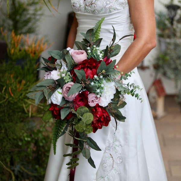 Burgundy Blush Ivory White Peony Wedding Bouquet, Cascading Faux Boho Bouquet, Artificial White Wedding Bouquets, Wedding Day Bridal Decor