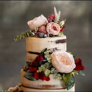 Cascading Wedding Cake Flower Package in Burgundy Navy, Set of Three Floral Wedding Cake Decor, Three Tier Wedding Cake Flowers, Weddings image 1